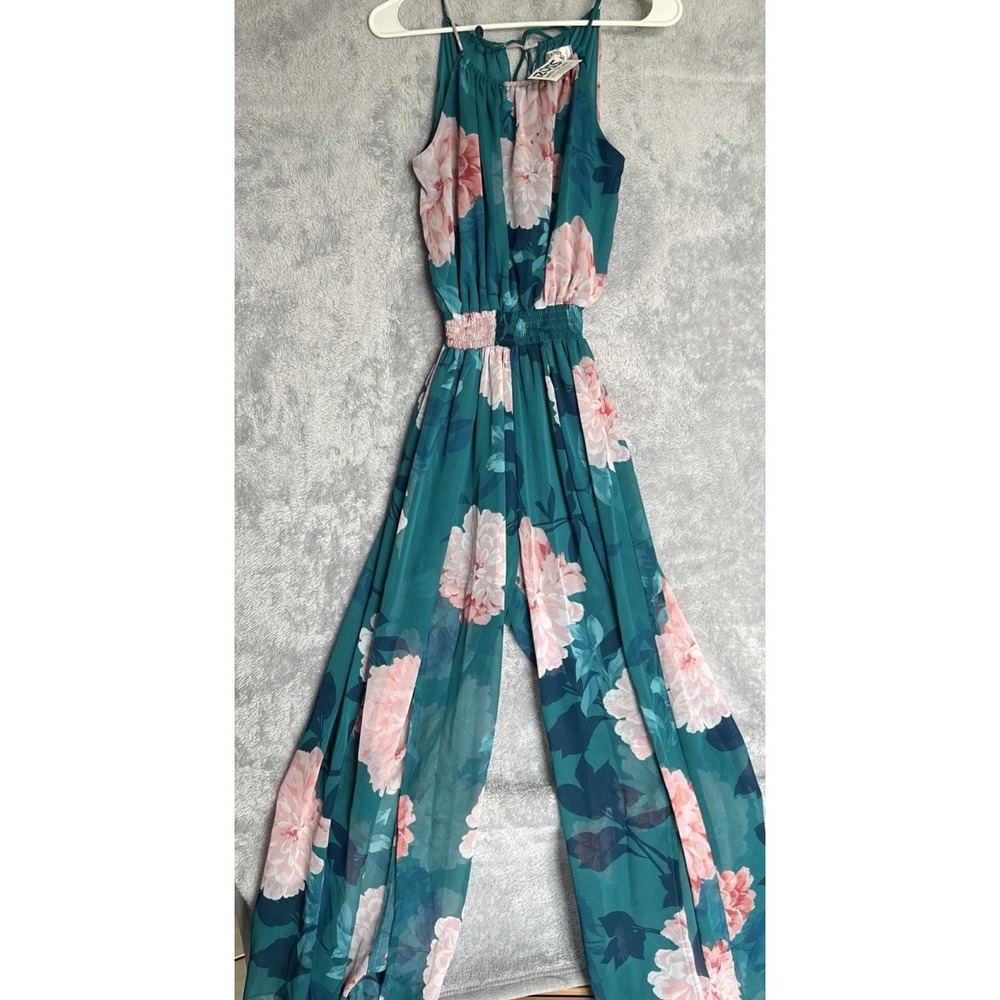 SWEET STORM Strappy Floral Jumpsuit Sheer Leg With Slit and Shorts Size Medium